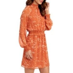 S‎ High Neck Floral Orange Mini Dress June & Hudson Long Sleeve Smocked Flowy
